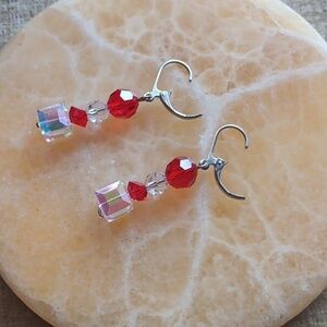 Sparkly Red and Clear Beaded Silver Tone Dangle Earrings